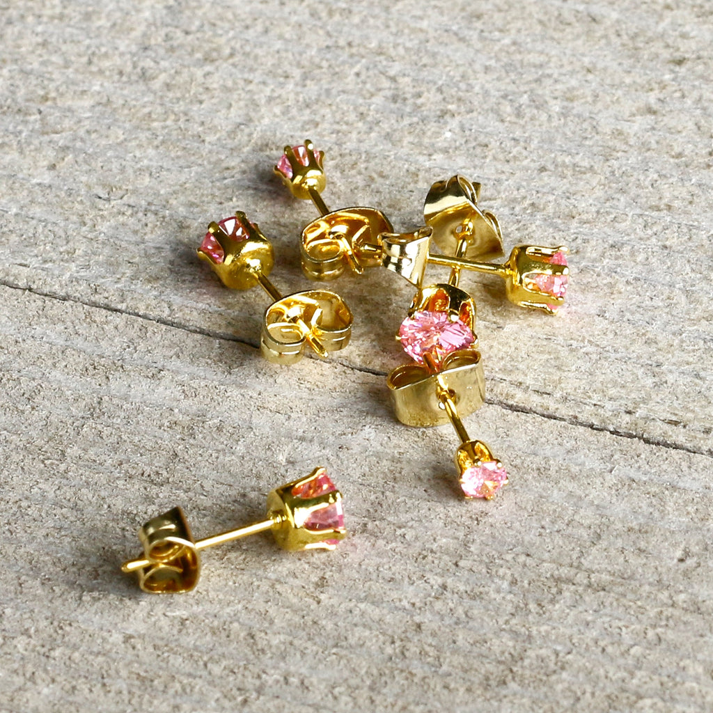 20G Pink CZ Gem Gold Tone 3mm to 5mm Post Stud Earring Set of 3