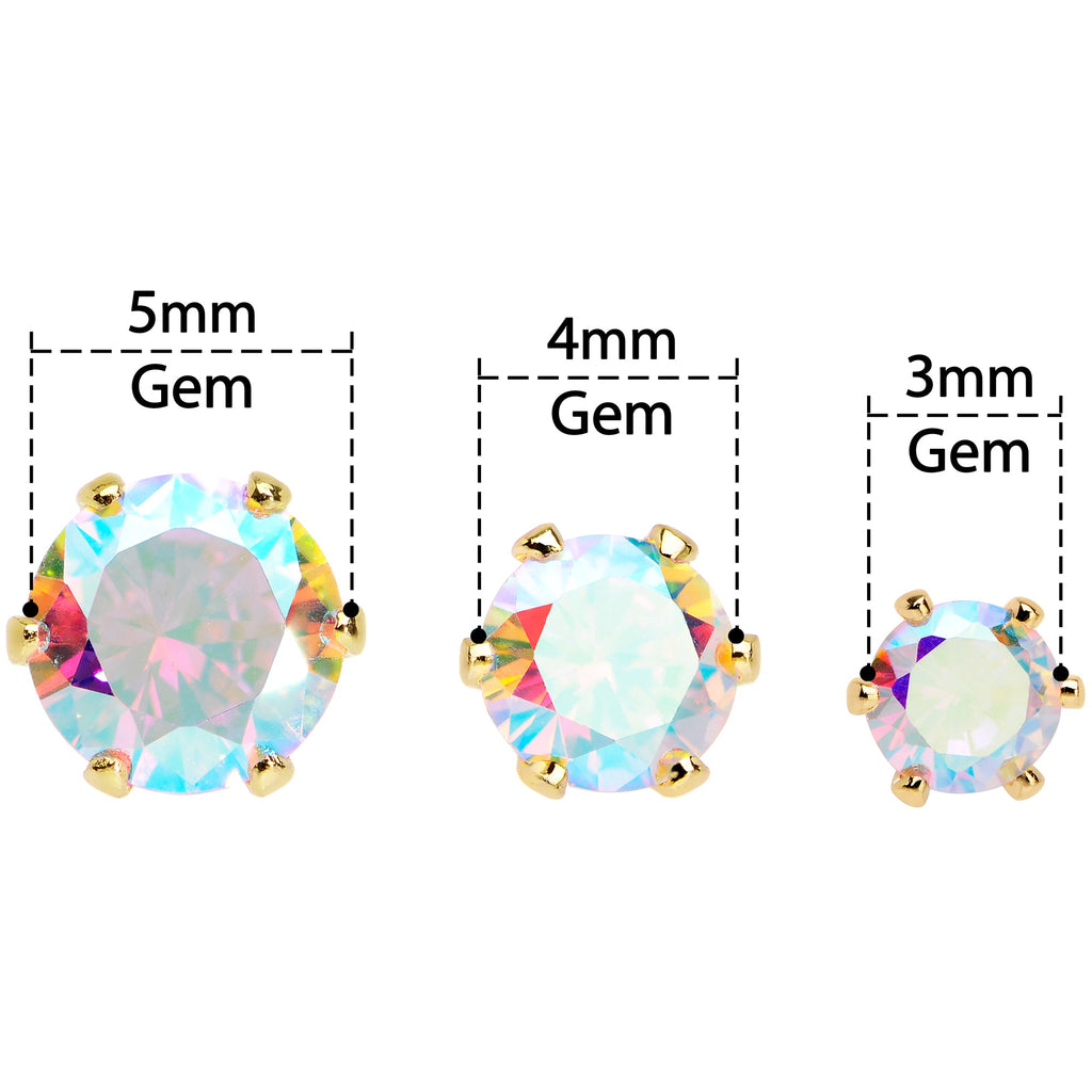 20G Aurora CZ Gem Gold Tone 3mm to 5mm Post Stud Earring Set of 3
