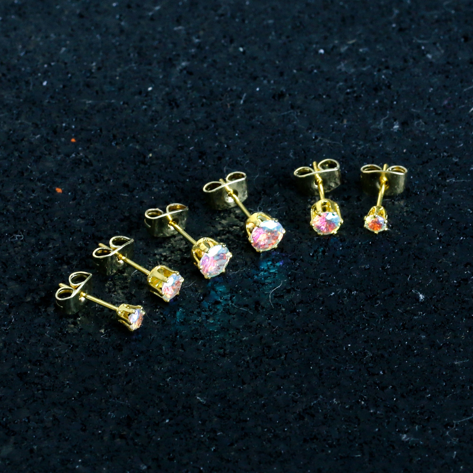 20G Aurora CZ Gem Gold Tone 3mm to 5mm Post Stud Earring Set of 3