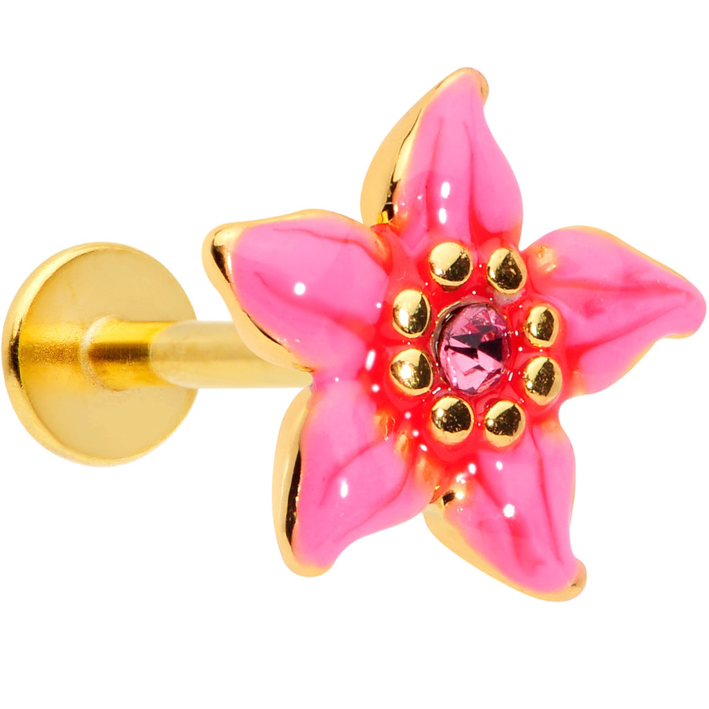 16G 5/16 Pink Gem Gold Tone Exotic Flower Labret Monroe Tragus