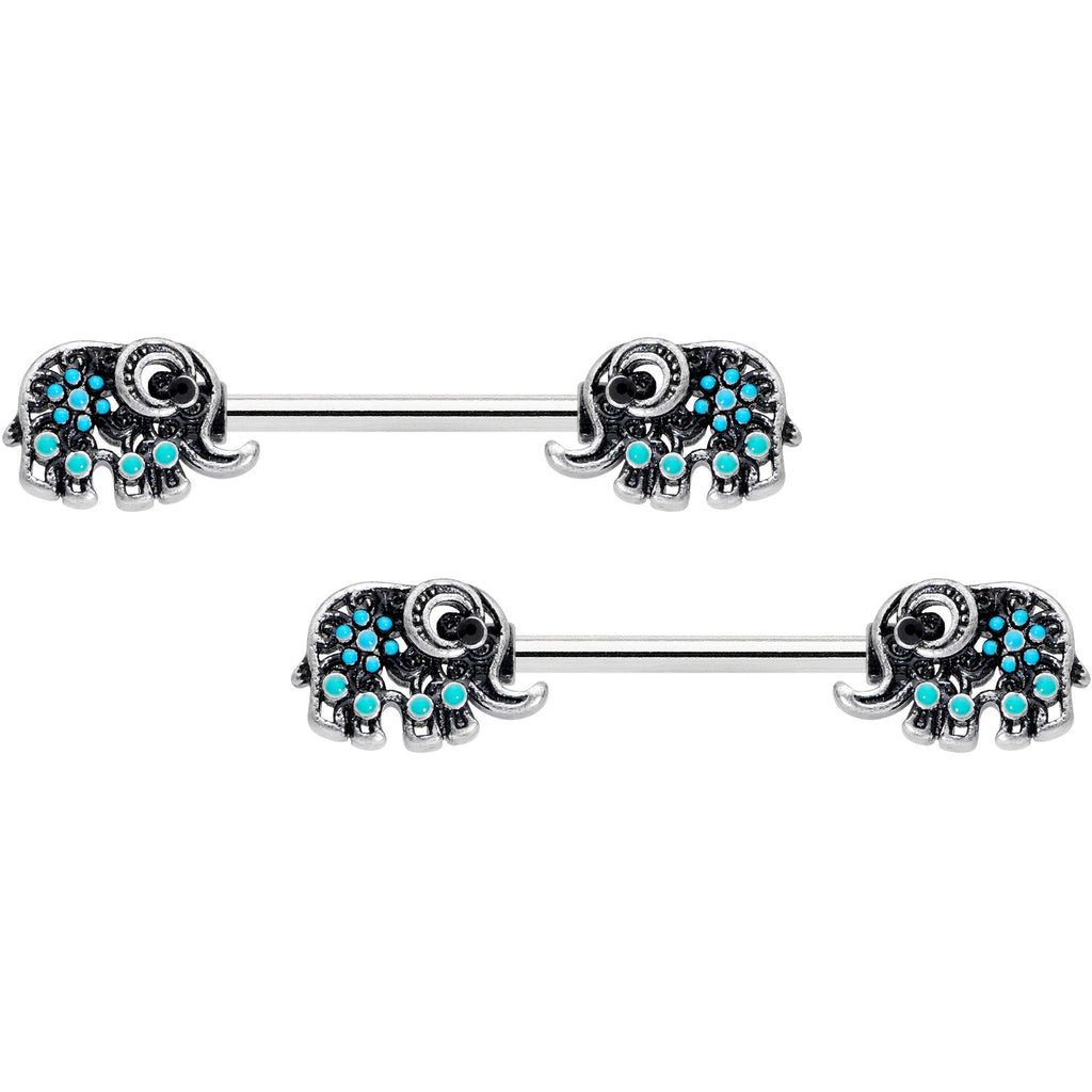 14G 9/16 Aqua Orb Curvy Elephant Barbell Nipple Ring Set