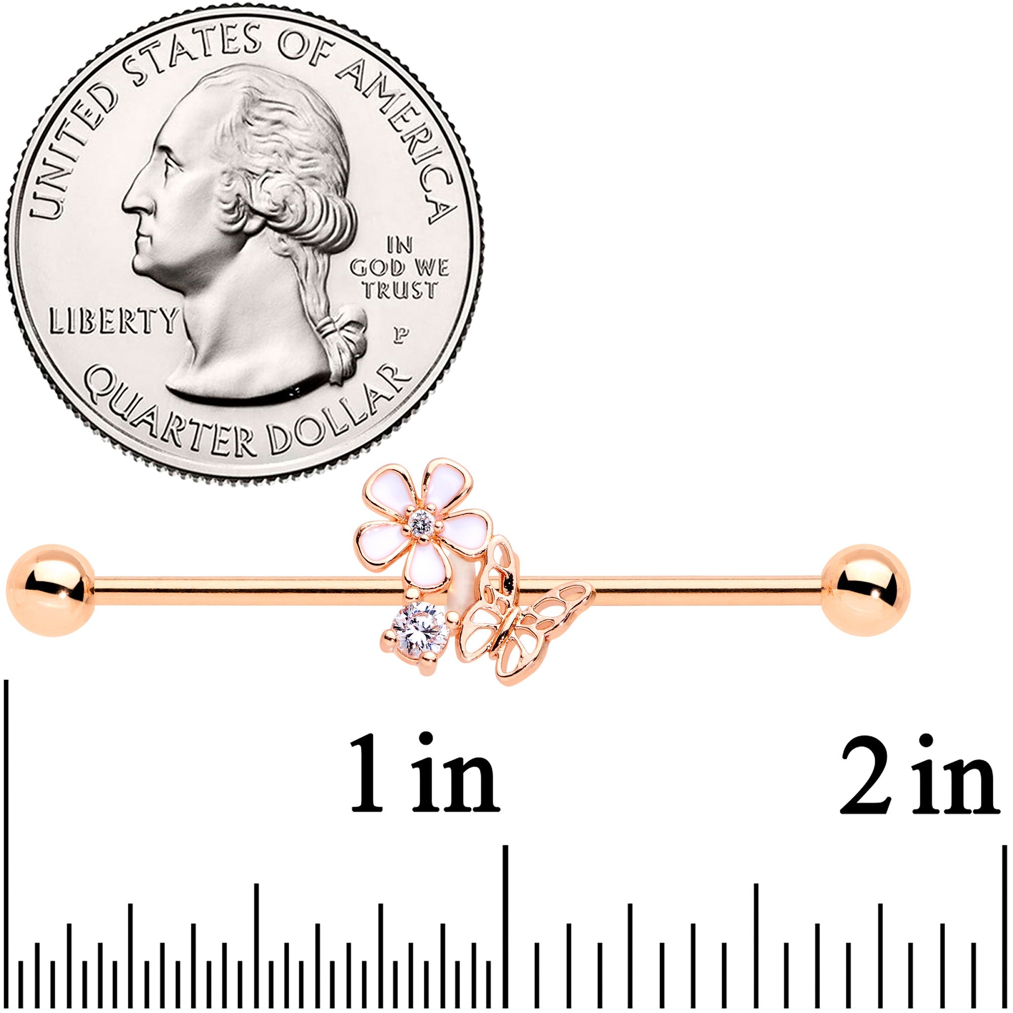 14G Clear CZ Gem Rose Gold Tone Butterfly Industrial Barbell 38mm
