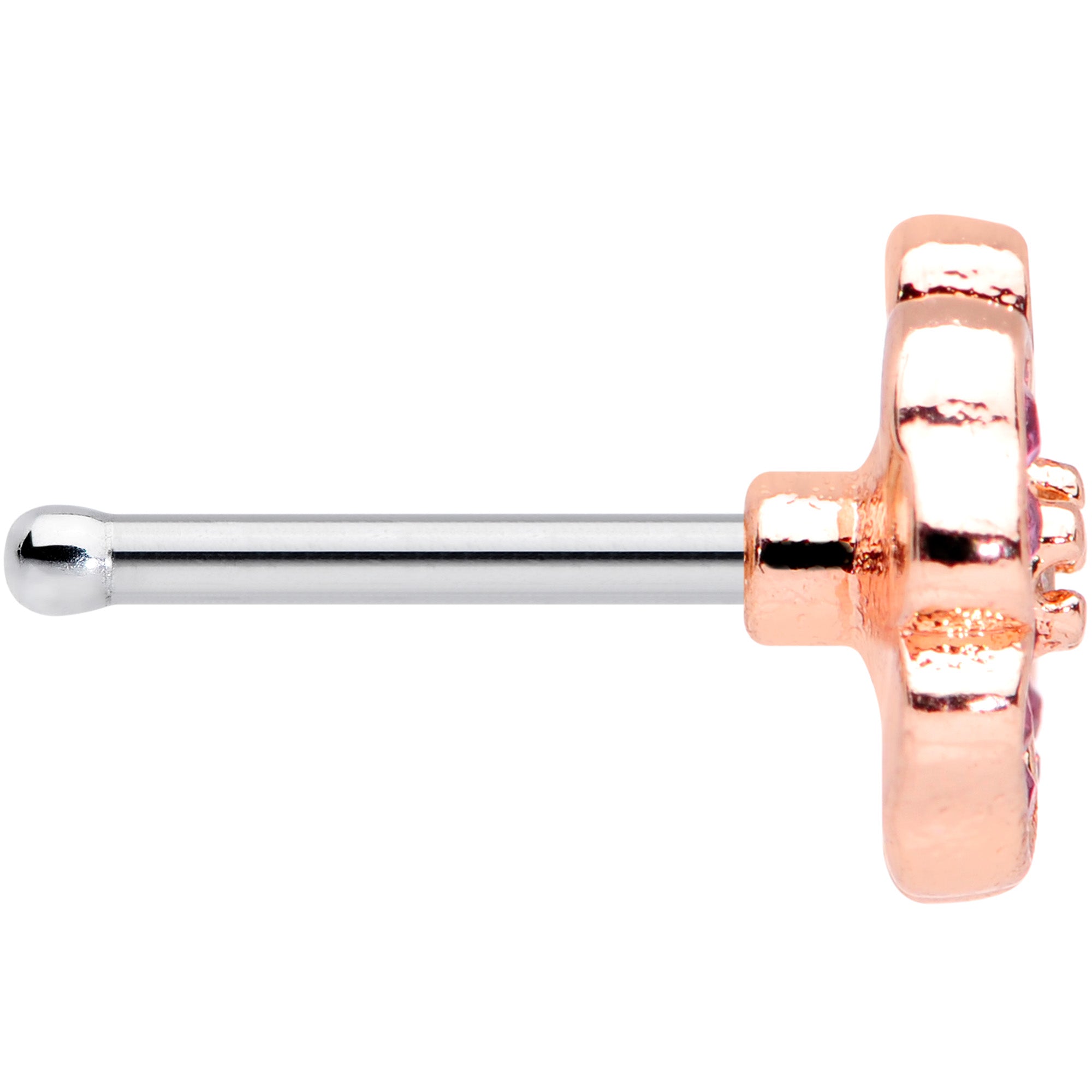 20G 1/4 Clear Pink Gem Rose Gold Tone Heart Flower Nose Bone