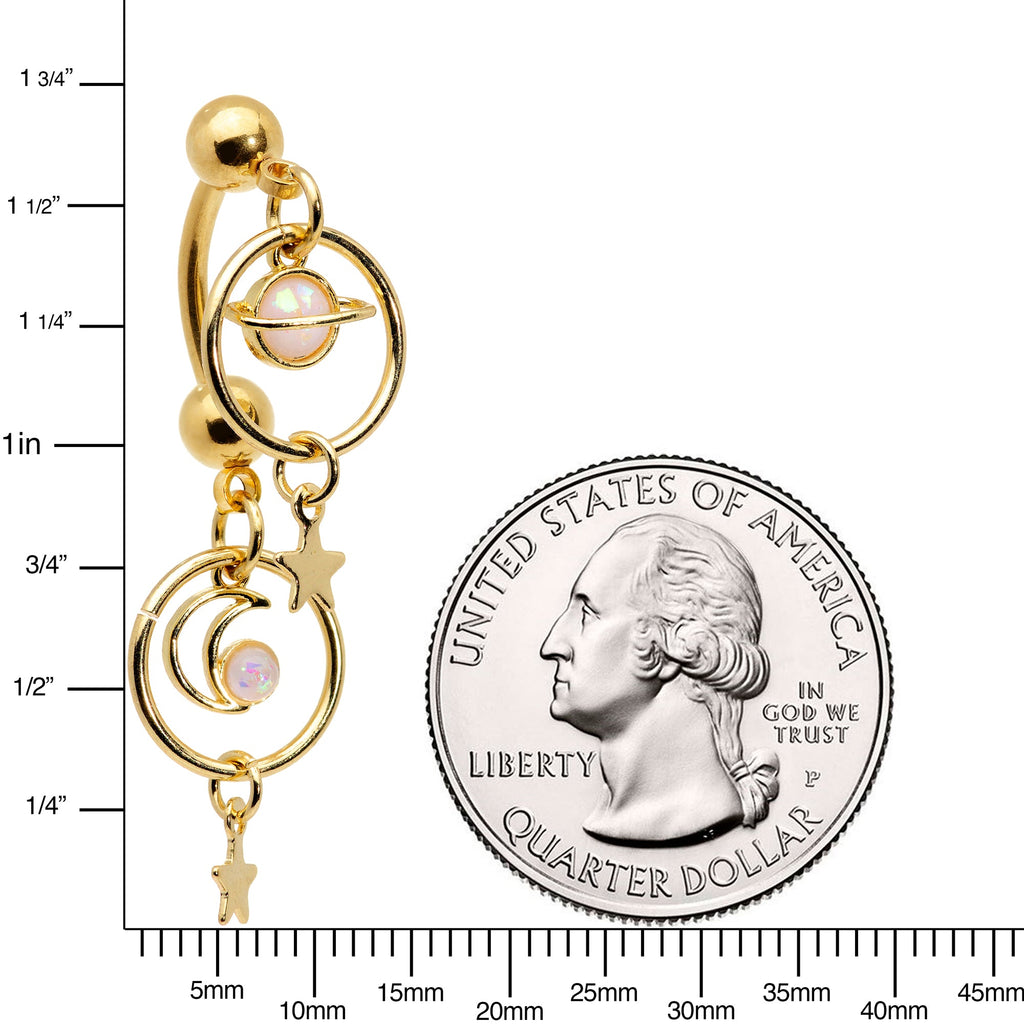 White Synthetic Opal Gold Tone Saturn Moon Double Mount Belly Ring