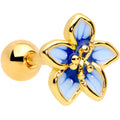 16G 1/4 Gold Tone White Blue Flower Cartilage Tragus Earring