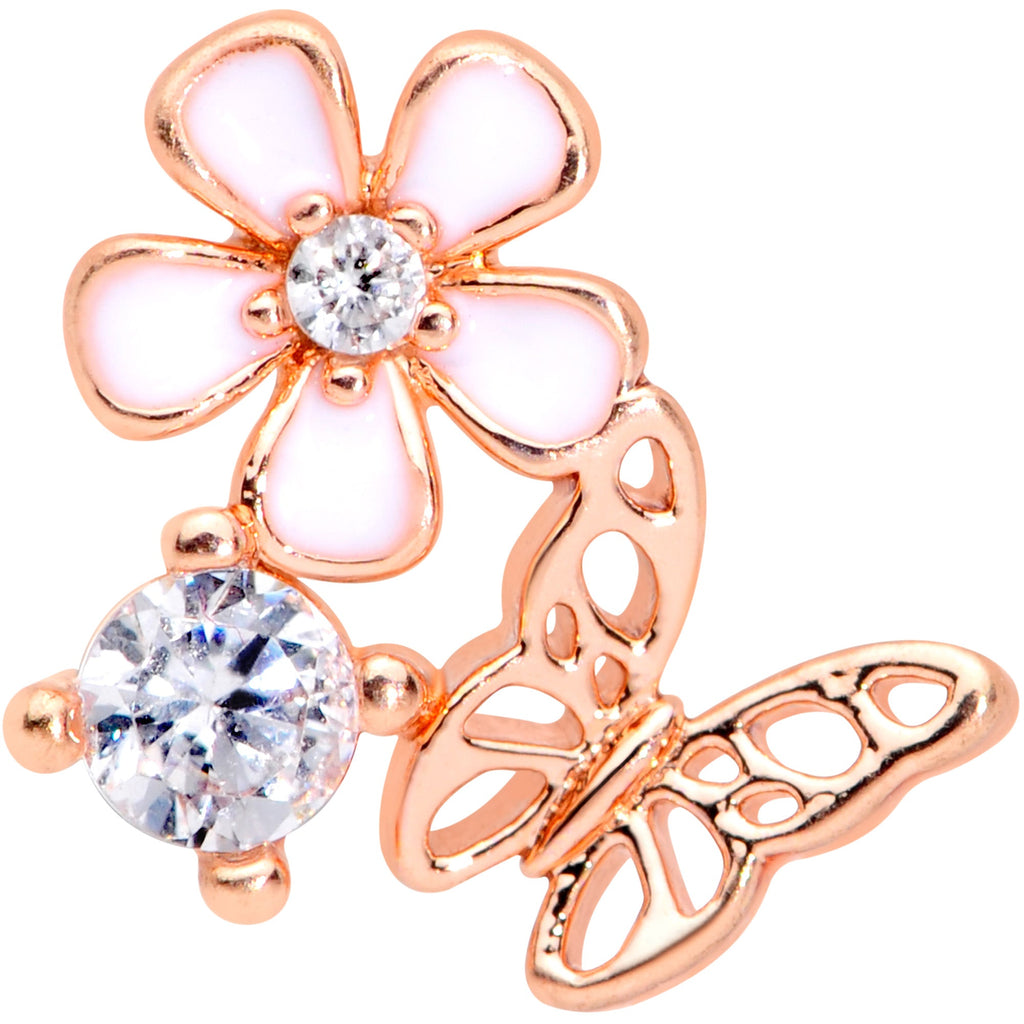16G 1/4 Clear CZ Gem Rosy Hue Butterfly Flower Tragus Earring