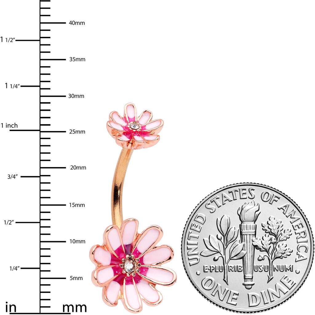 Clear Gem Rose Gold Tone Pink Flower Double Mount Belly Ring