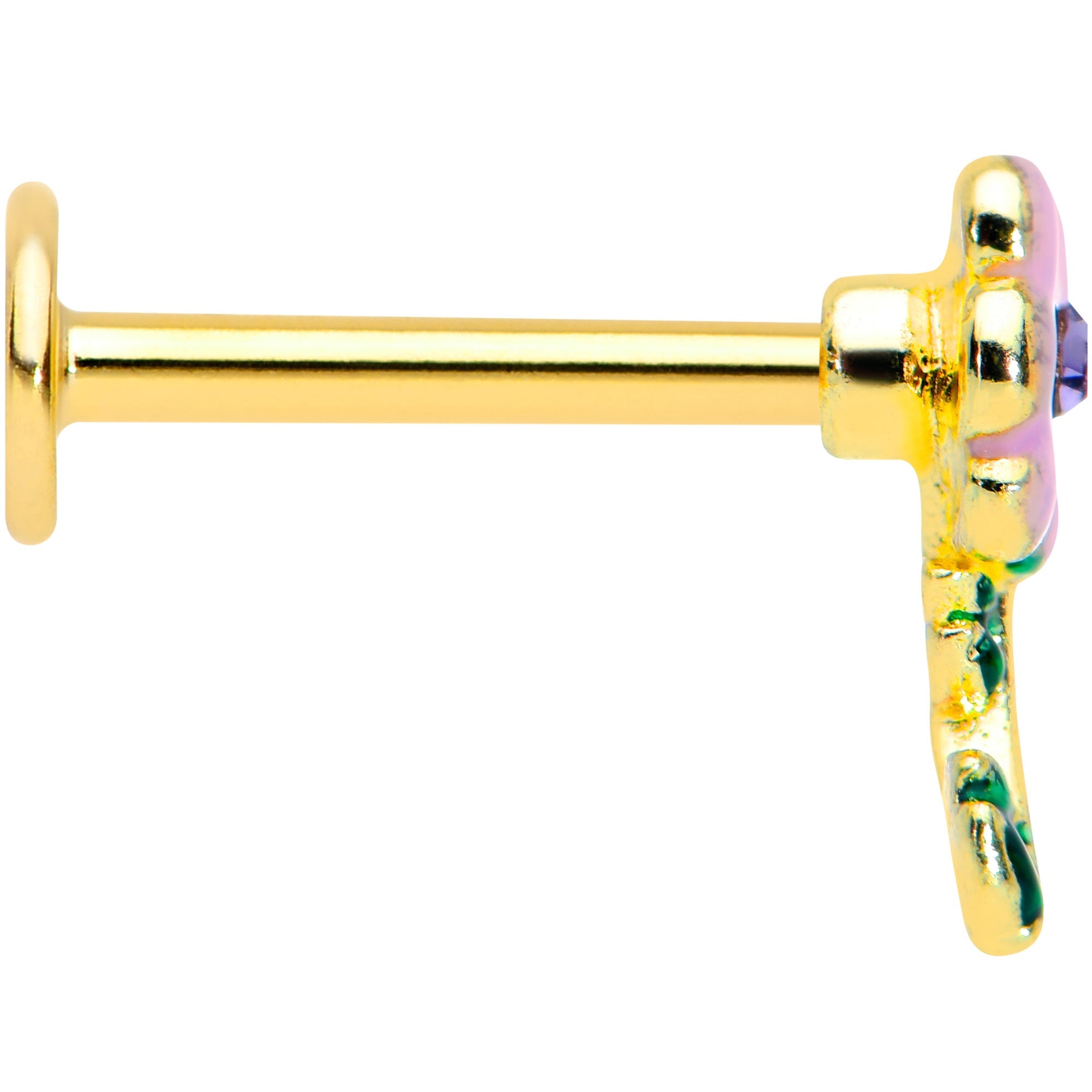 16G 5/16 Purple CZ Gem Gold Tone Pink Flower Labret Monroe Tragus