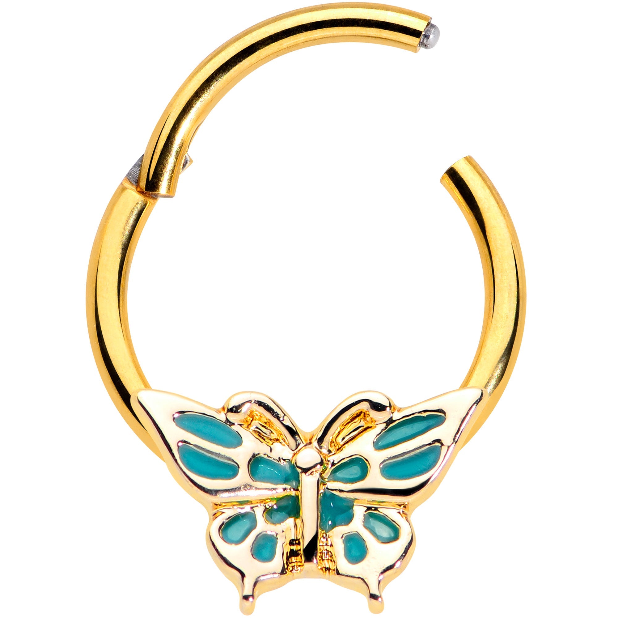 16G 3/8 Gold Tone Green Inlay Butterfly Hinged Segment Ring