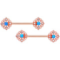 14G 9/16 Blue Synthetic Opal Rose Gold Tone Lacy Nipple Ring Set