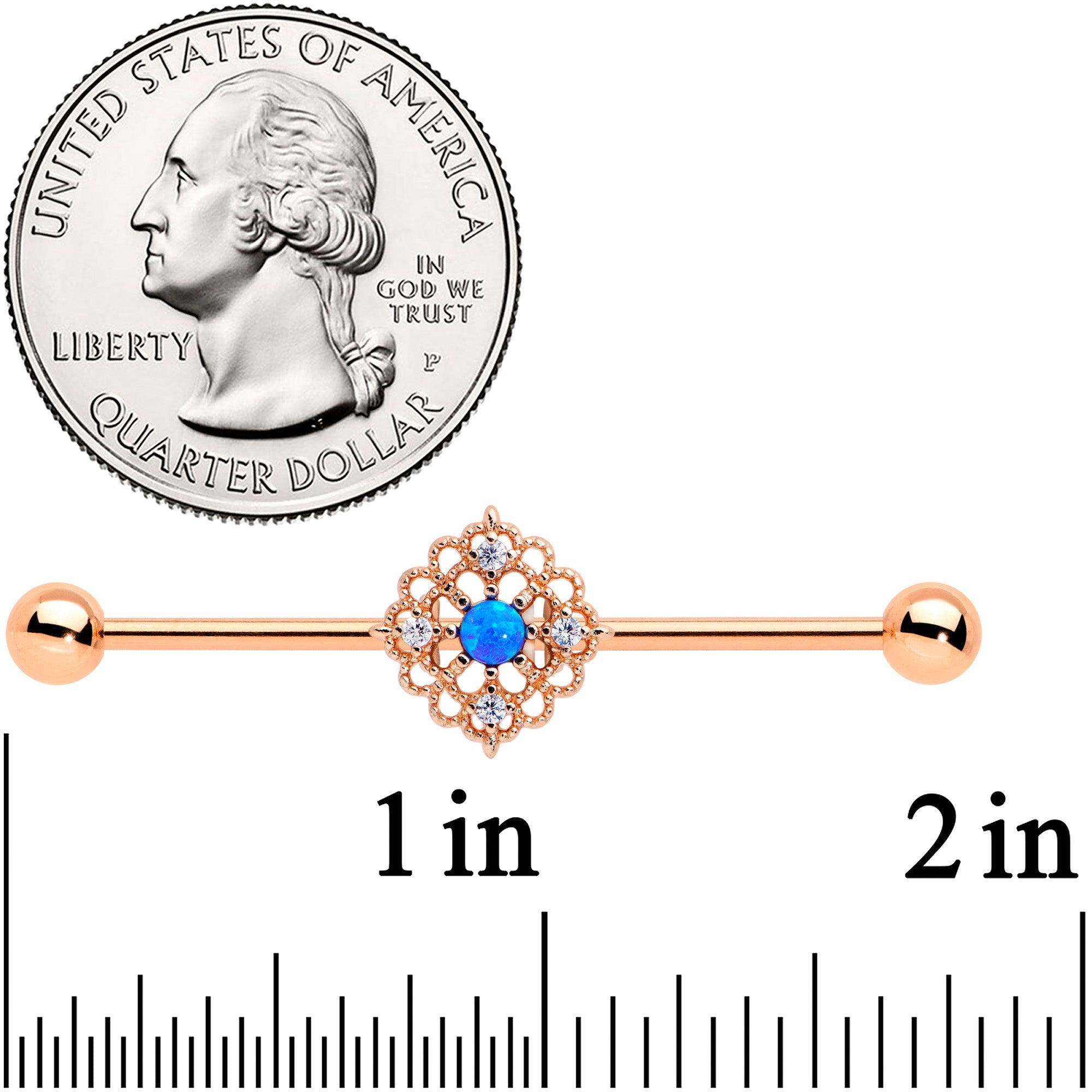 14G Blue Synth Opal Rose Gold Tone Lacy Industrial Barbell 38mm