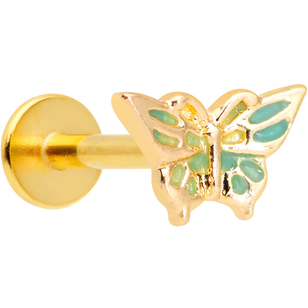 16G 5/16 Gold Tone Green Inlay Butterfly Labret Monroe Tragus