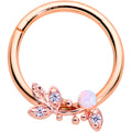 16G 3/8 White Faux Opal Rose Gold Tone Leaves Hinged Segment Ring