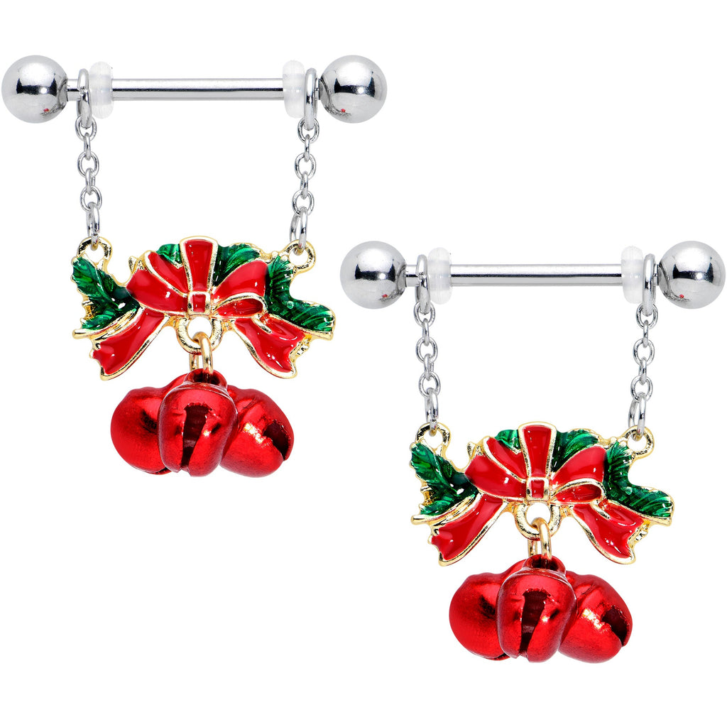 14G 9/16 Holiday Red Bells Christmas Chain Dangle Nipple Ring Set