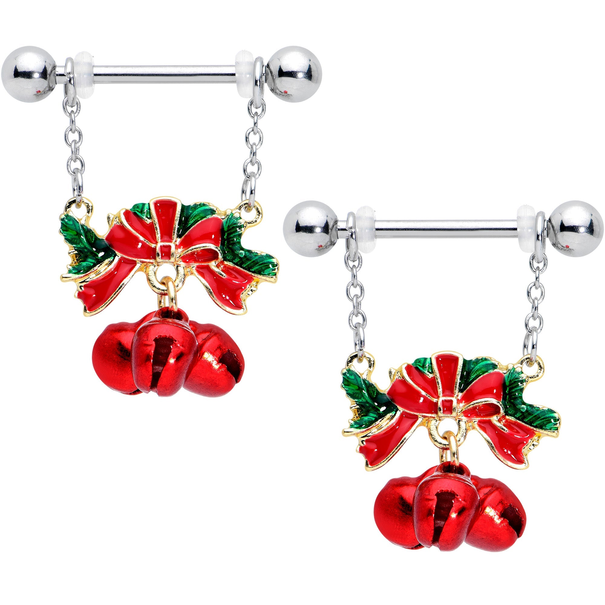 14G 9/16 Holiday Red Bells Christmas Chain Dangle Nipple Ring Set