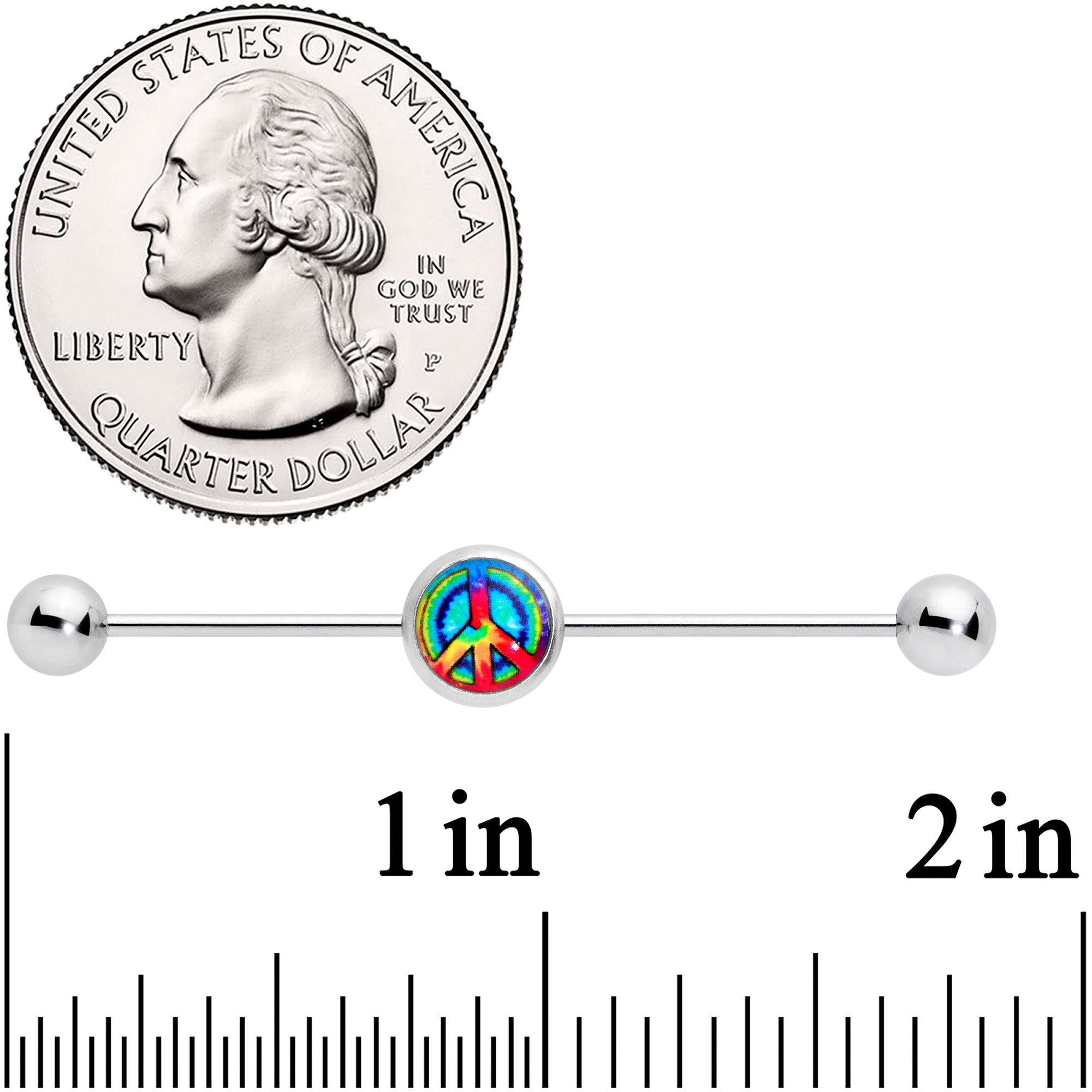 14G Rainbow Tie Dye Peace Sign Industrial Barbell 38mm