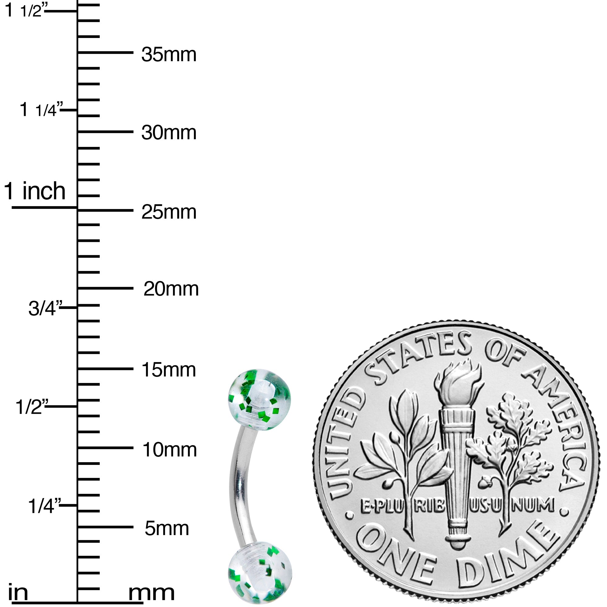 16G 5/16 Clear Green Glitter Ends Curved Barbell