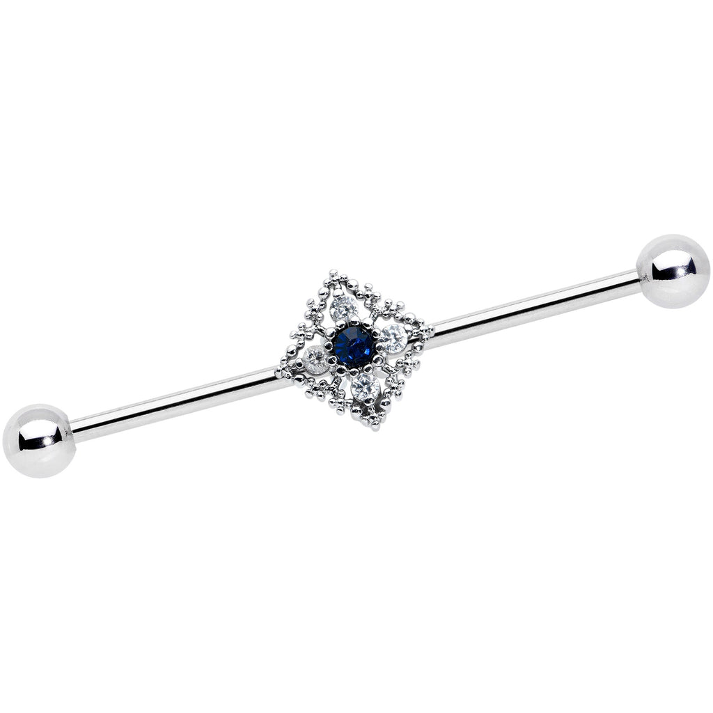 14G Clear Blue Gem Textured Rhombus Cross Industrial Barbell 38mm