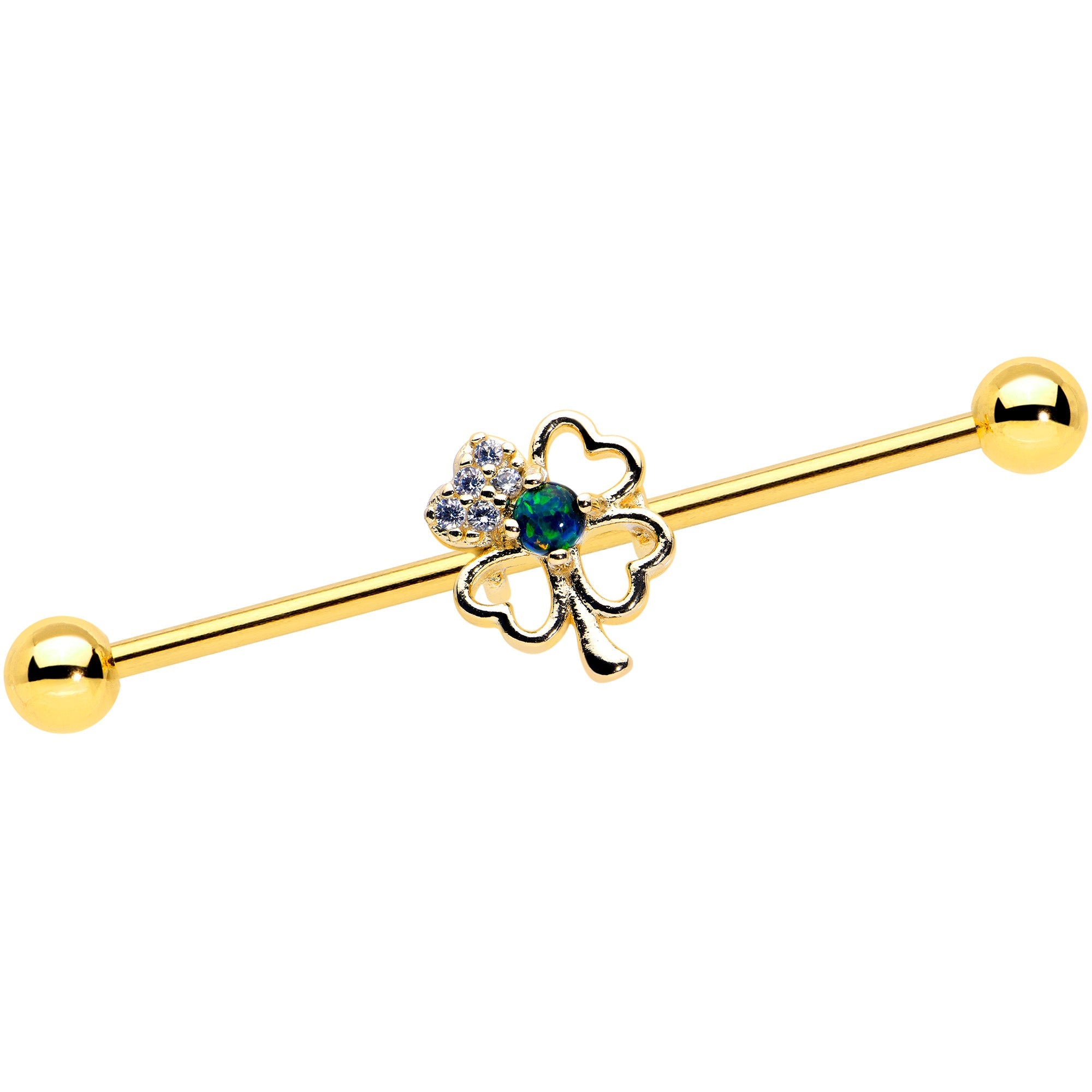 14G Green Synthetic Opal Gold Hue Shamrock Industrial Barbell 38mm