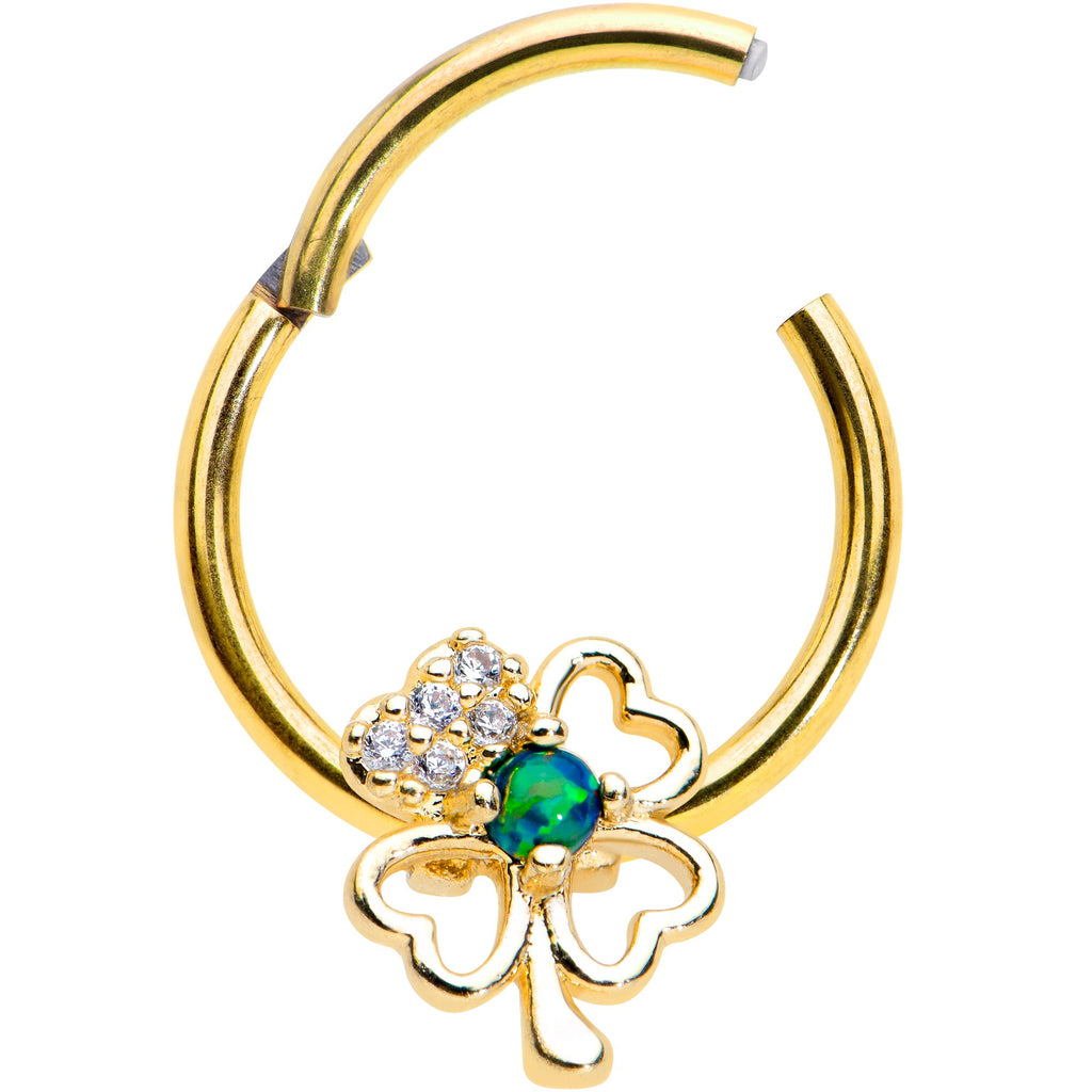 16G 3/8 Green Synth Opal Gold Hue Shamrock Hinged Segment Ring