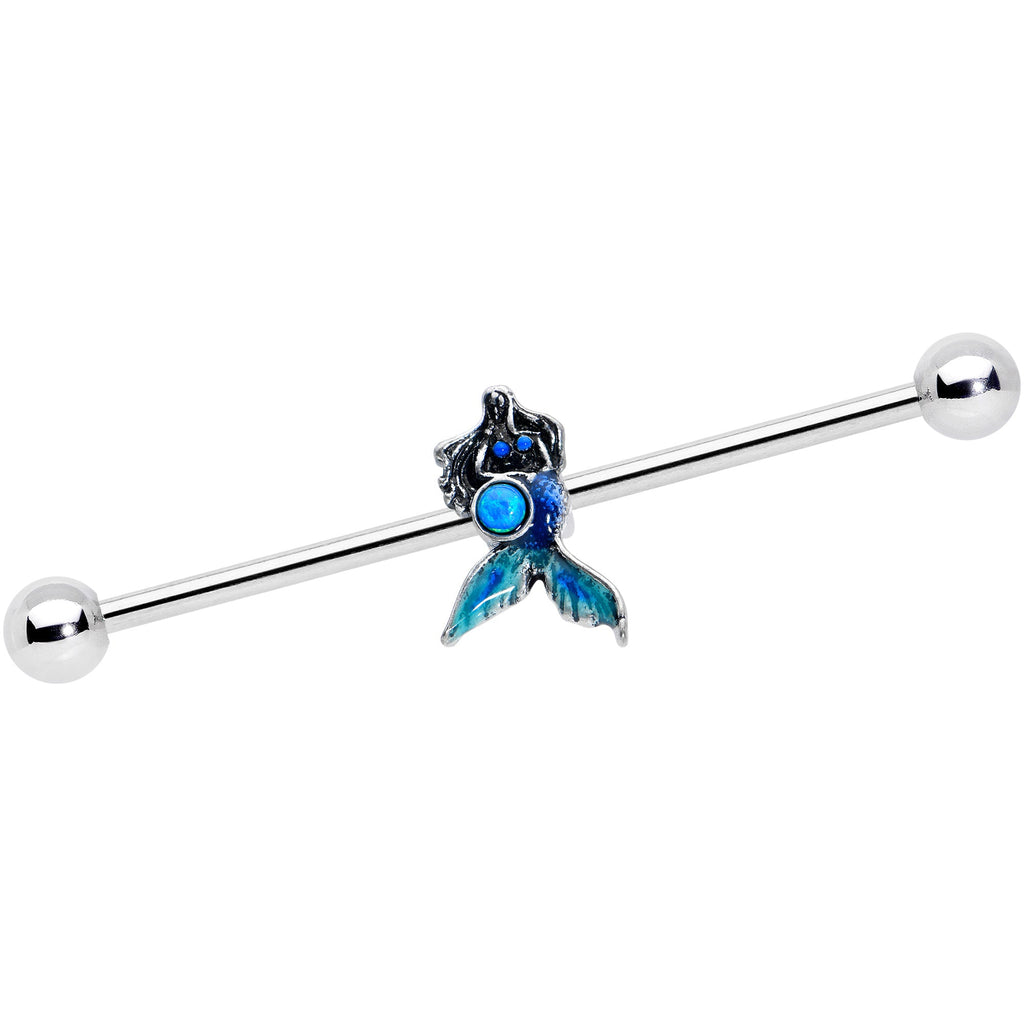 14G Blue Faux Opal Blue Tail Mermaid Industrial Barbell 38mm