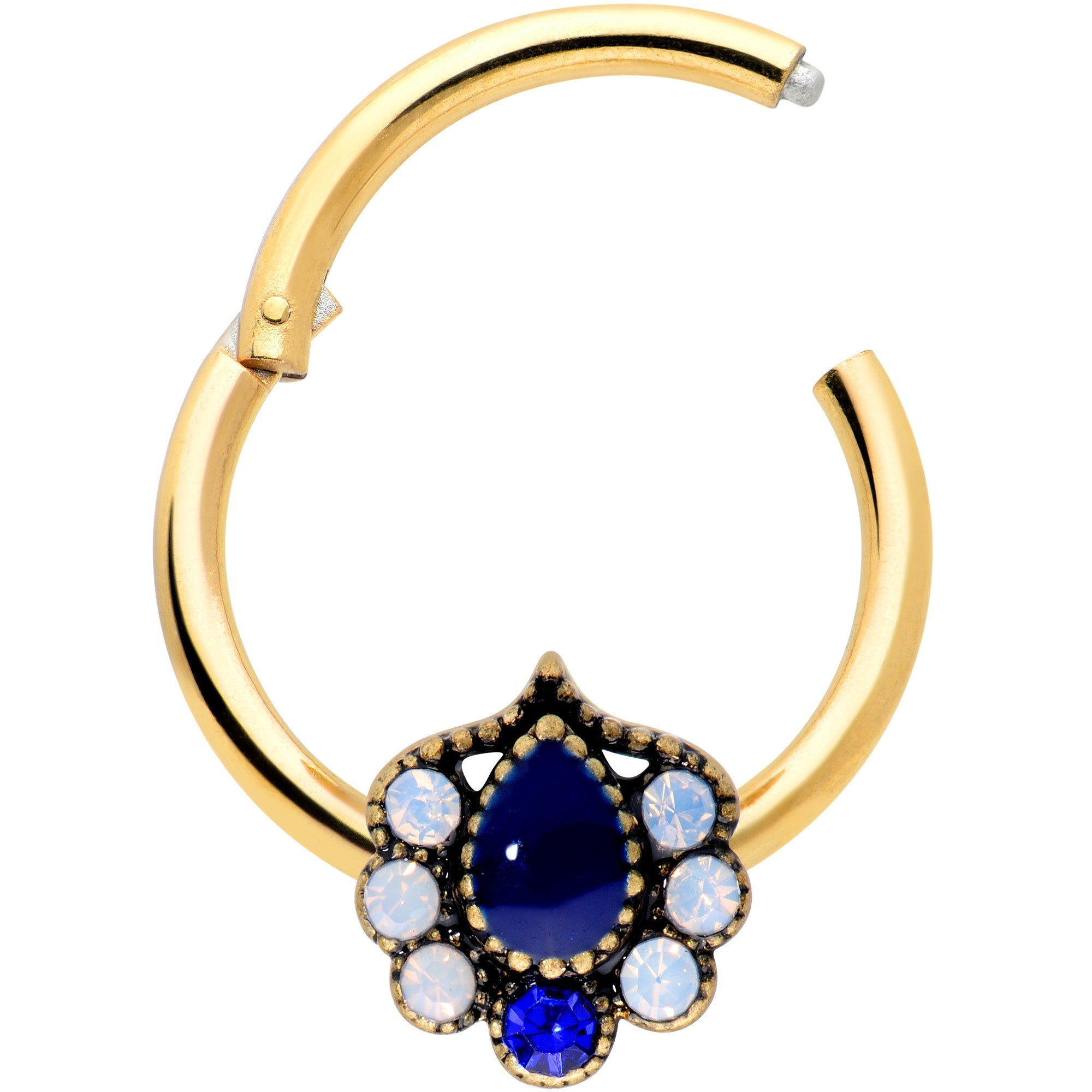 16G 3/8 Clear Blue Gem Gold Hue Heirloom Drop Hinged Segment Ring
