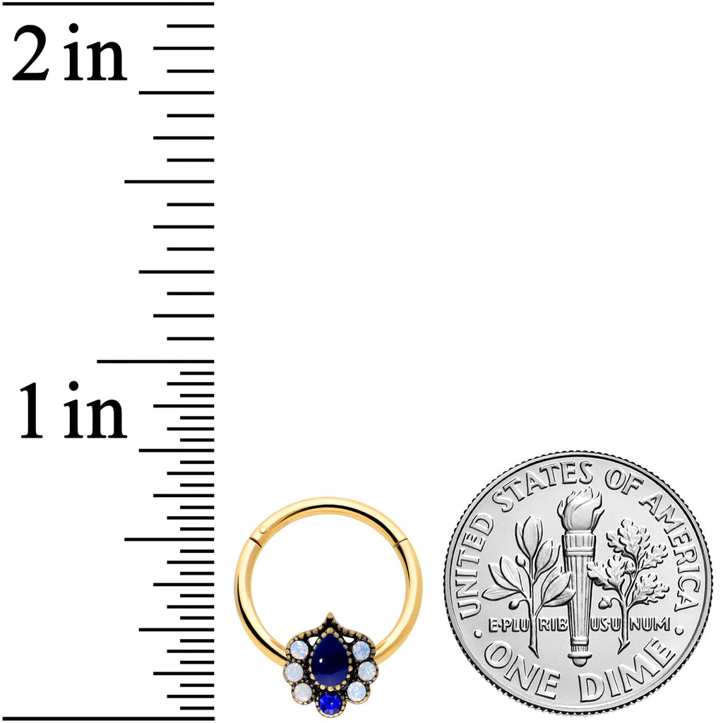 16G 3/8 Clear Blue Gem Gold Hue Heirloom Drop Hinged Segment Ring