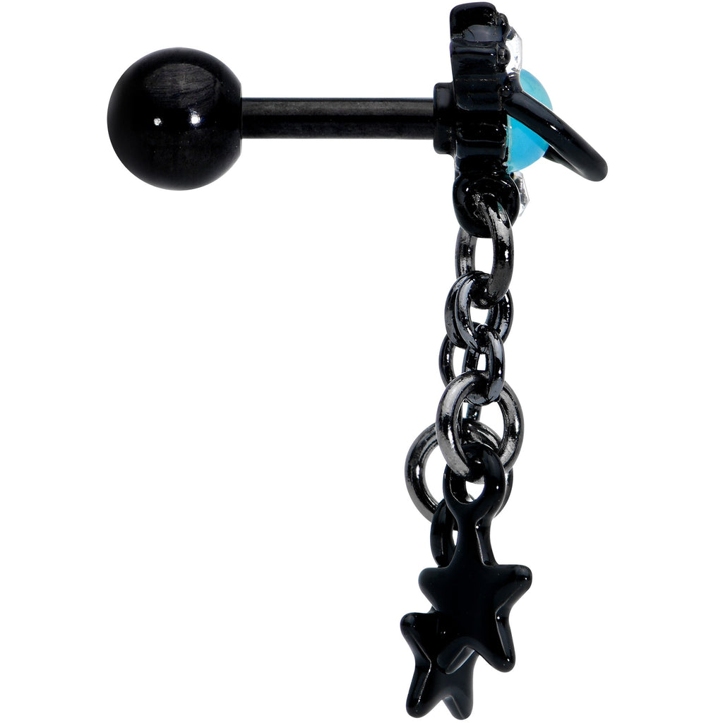 16G 1/4 Blue Gem Black Saturn Planet Star Dangle Cartilage Tragus