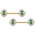 14G 1/2 Clear Green Gem Gold Hue Art Deco Barbell Nipple Ring Set