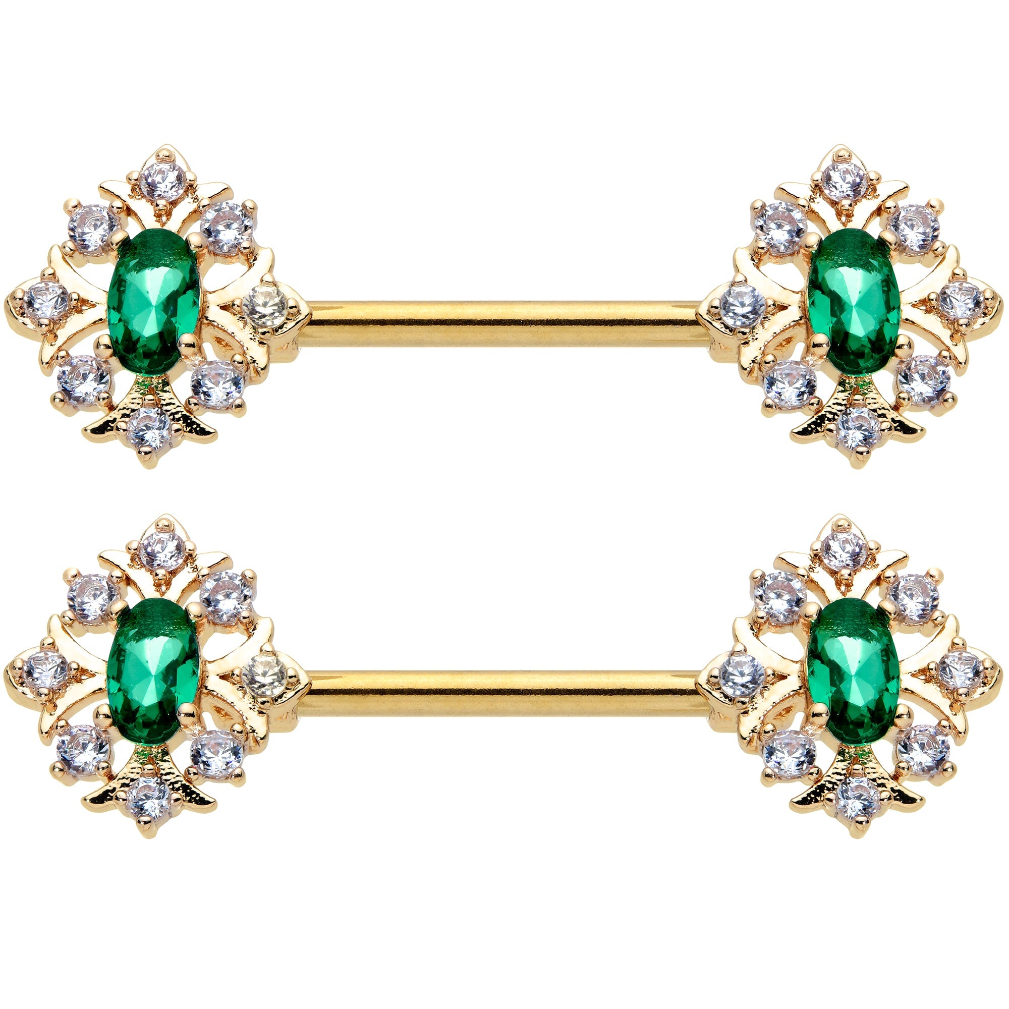 14G 1/2 Clear Green Gem Gold Hue Art Deco Barbell Nipple Ring Set