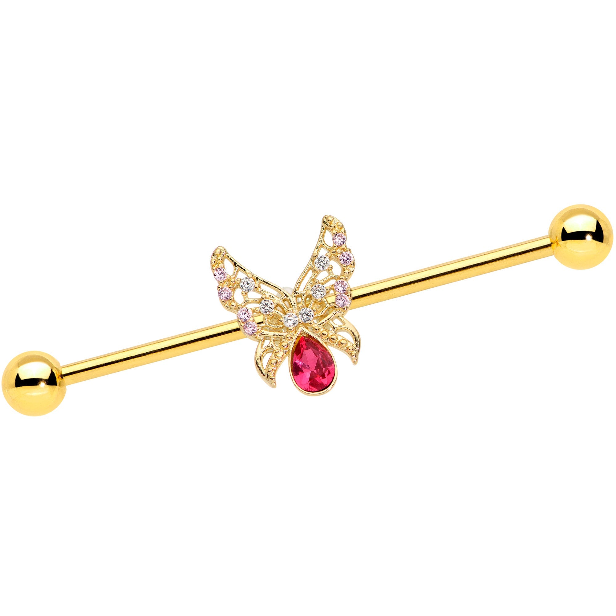 14G Clear Red Gem Gold Hue Lacy Butterfly Industrial Barbell 38mm