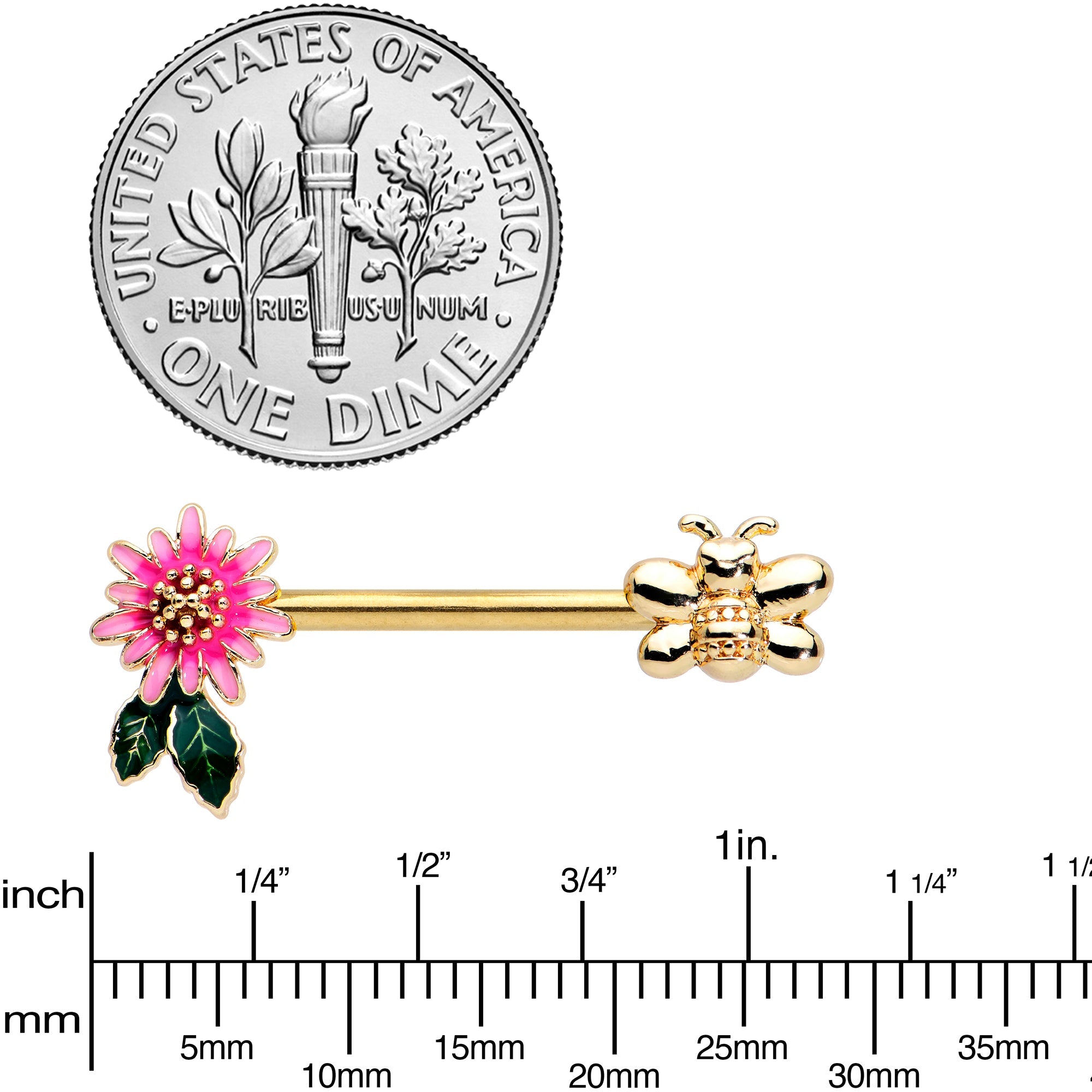 14G 1/2 Gold Tone Pink Flower Bee Barbell Nipple Ring Set