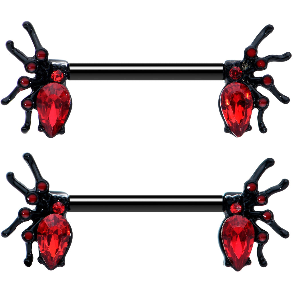 14G Red Gem Black Creep Spider Halloween Barbell Nipple Ring Set