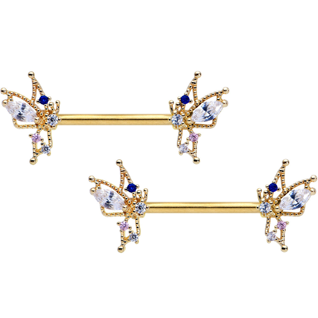 14G 9/16 Clear CZ Gem Gold Tone Christmas Angel Nipple Ring Set
