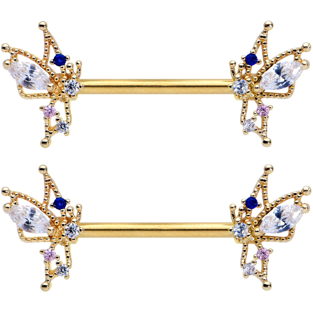 14G 9/16 Clear CZ Gem Gold Tone Christmas Angel Nipple Ring Set