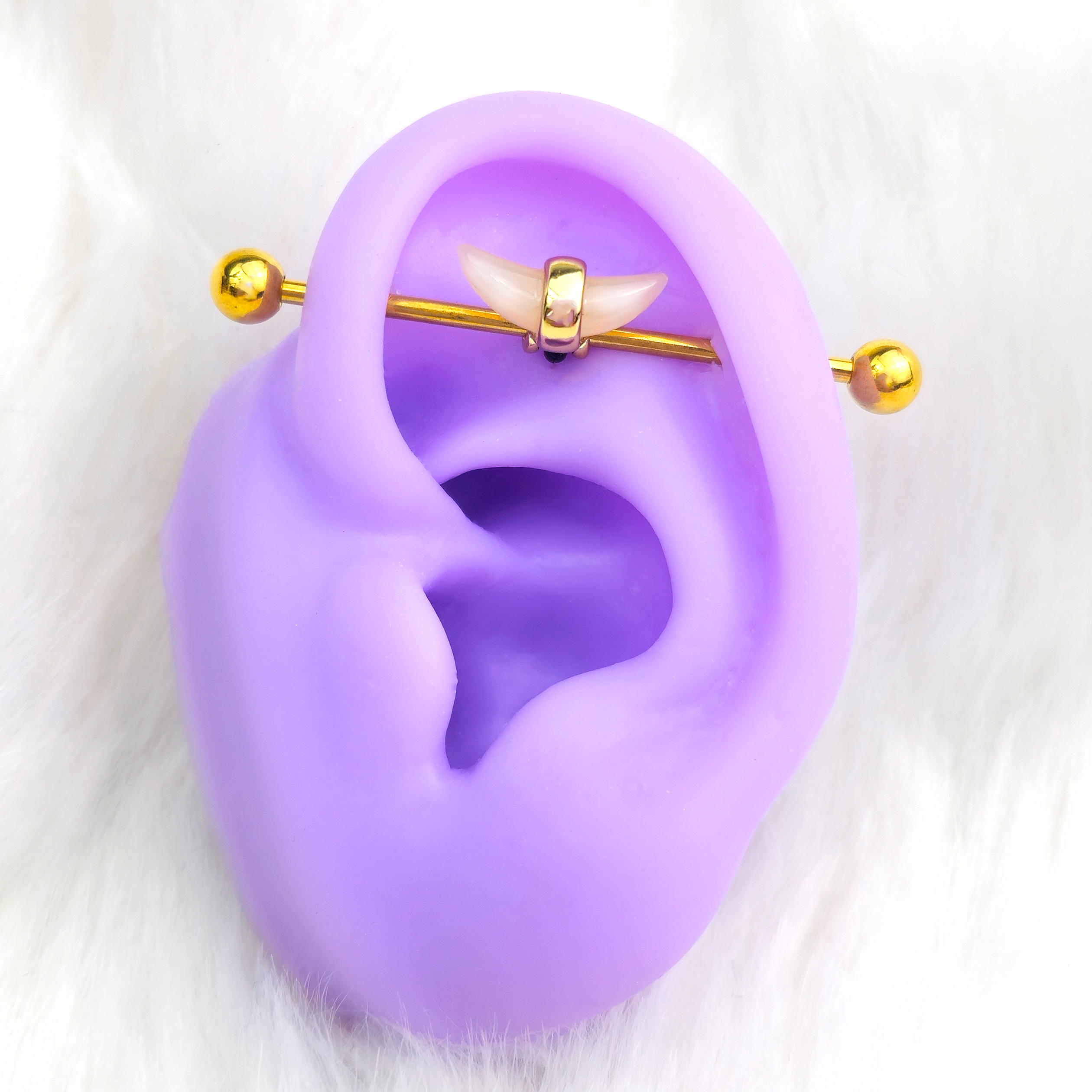 14G Pink Gem Gold Tone Crescent Industrial Barbell 38mm