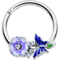 16G 3/8 Clear CZ Gem Flower Blue Butterfly Hinged Segment Ring