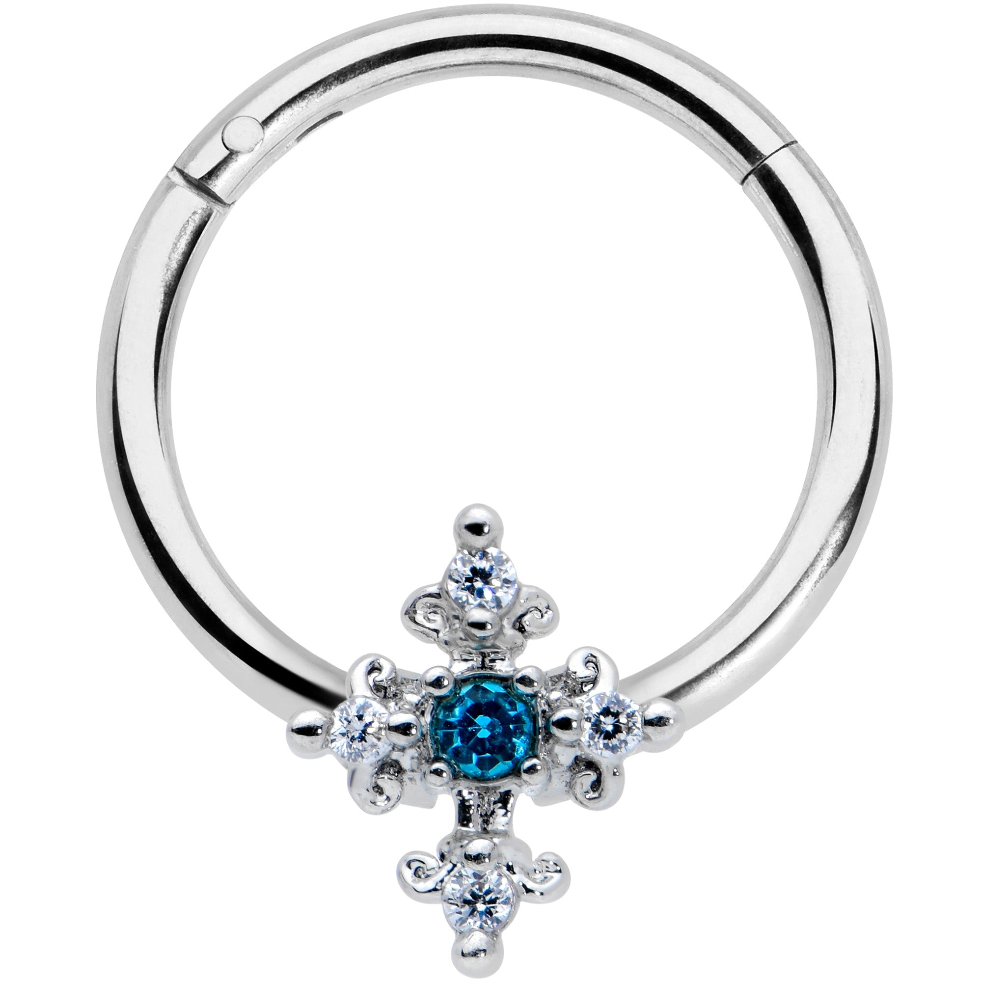 16G 3/8 Clear Blue Gem Renaissance Cross Hinged Segment Ring