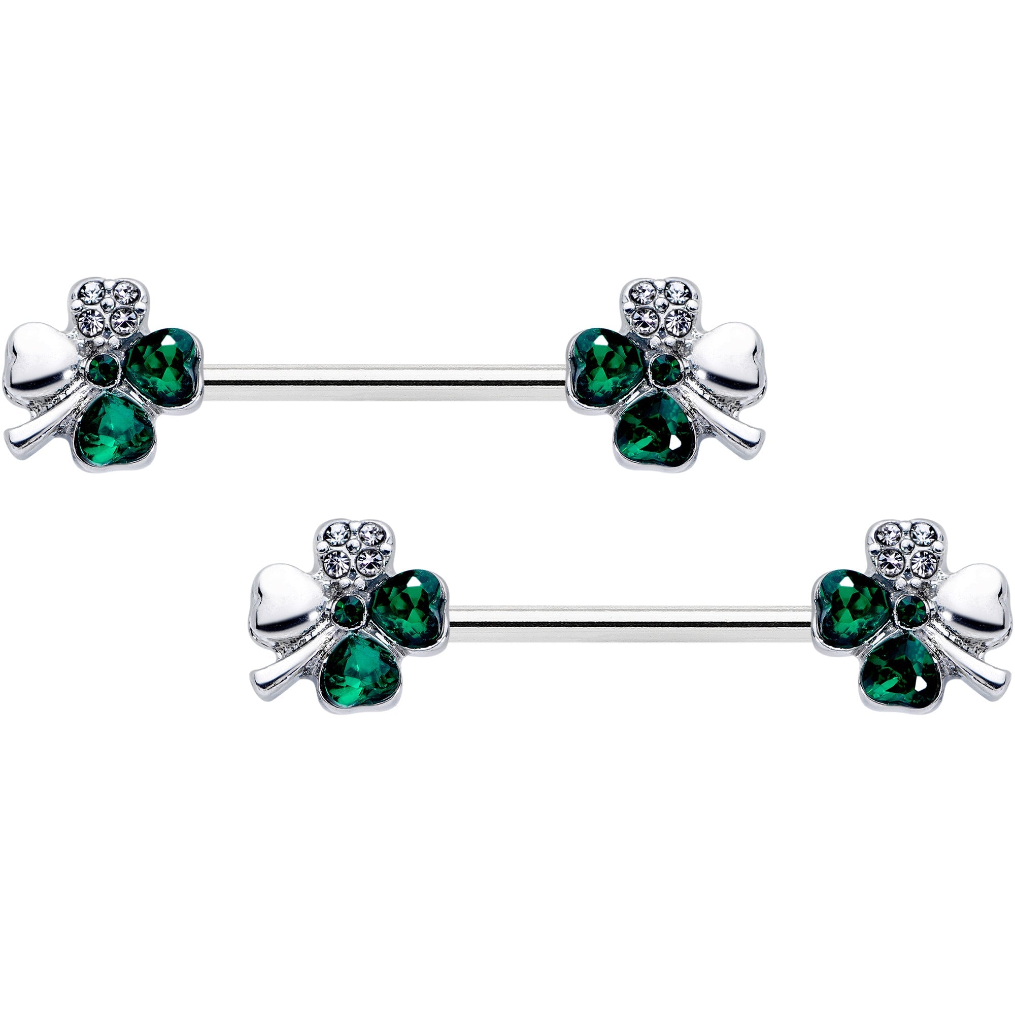 14G 9/16 Clear Green Gem Shamrock St Patricks Day Nipple Ring Set