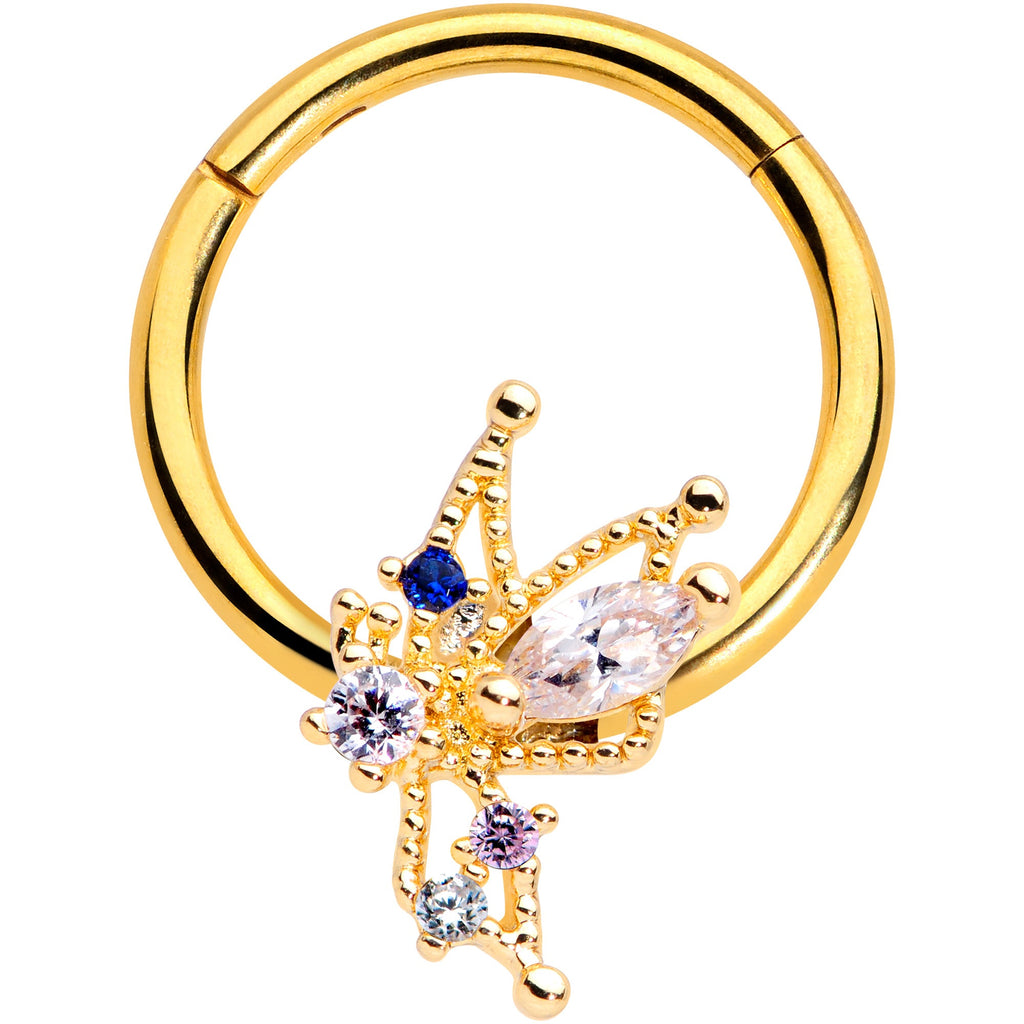 16G 3/8 Clear CZ Gem Gold Hue Angel Christmas Hinged Segment Ring