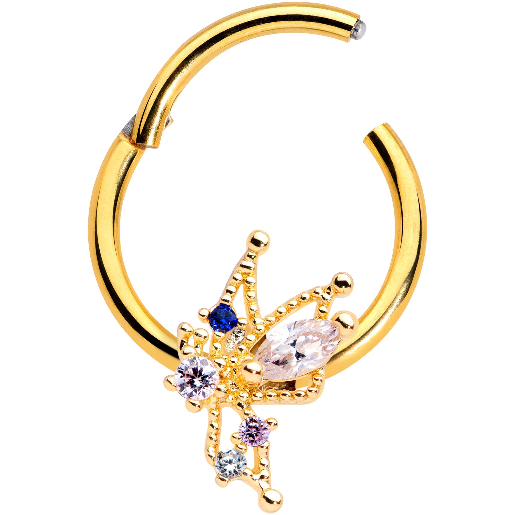 16G 3/8 Clear CZ Gem Gold Hue Angel Christmas Hinged Segment Ring