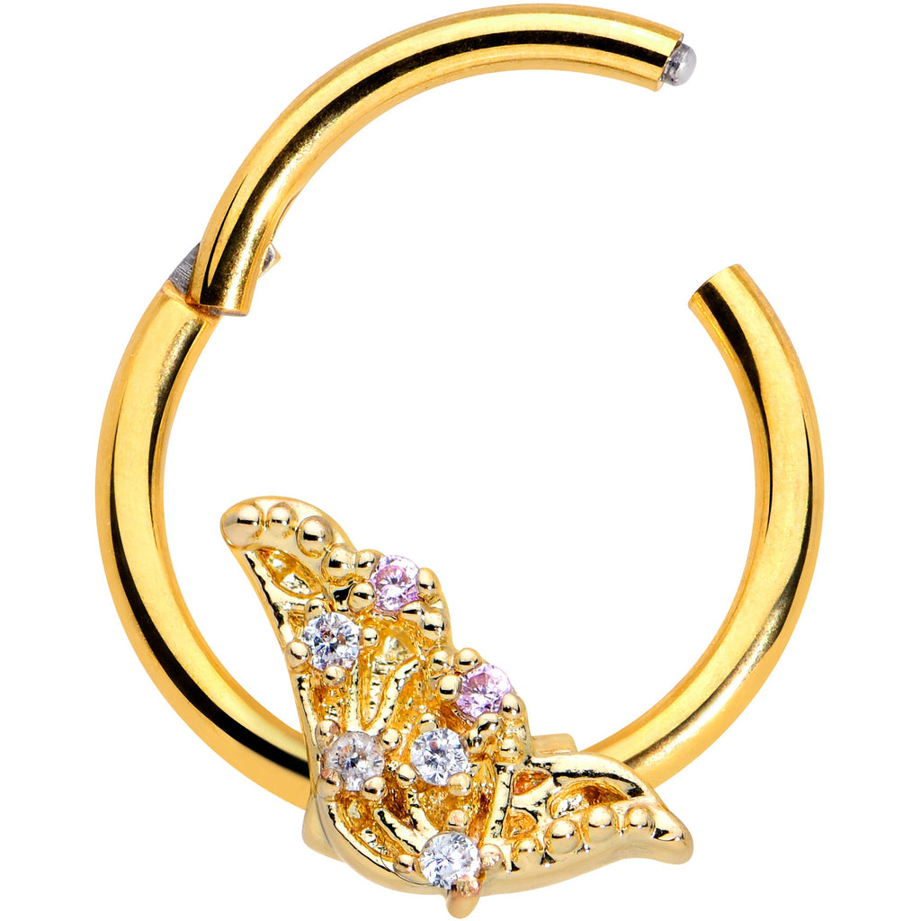 16G 3/8 Clear CZ Gem Gold Tone Butterfly Hinged Segment Ring