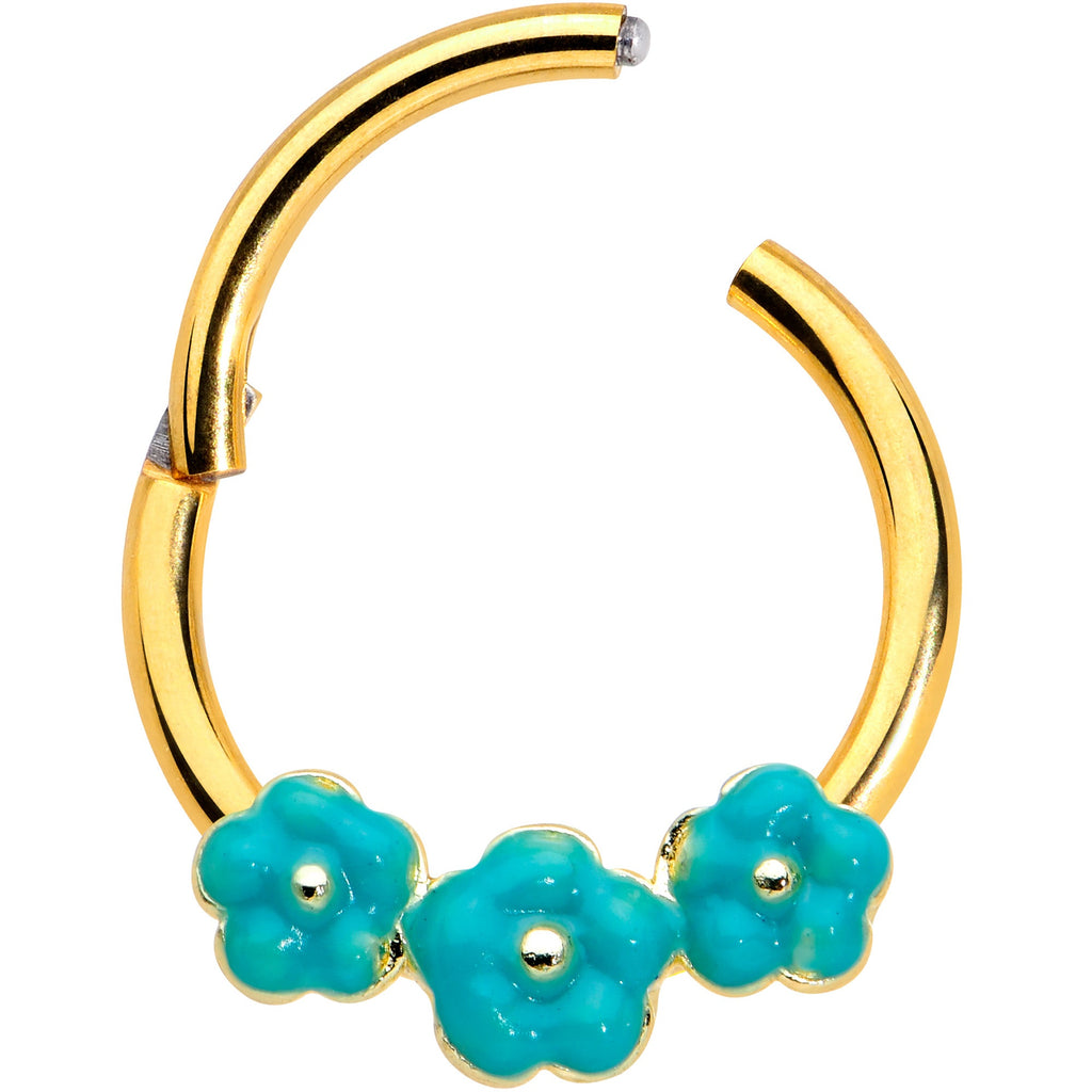 16G 3/8 Gold Tone Little Green Flower Hinged Segment Ring