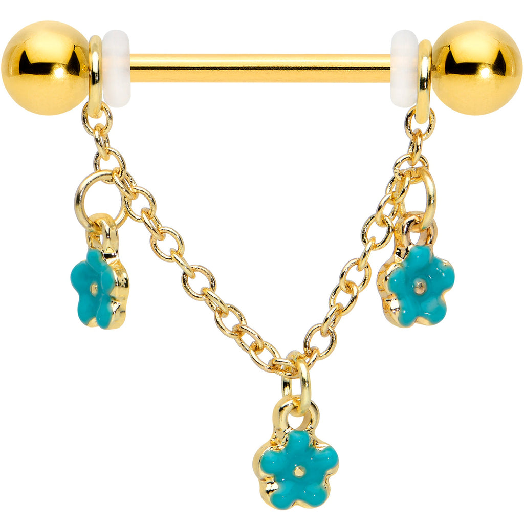 14G 9/16 Gold Tone Blue Flowers Chain Dangle Nipple Ring Set