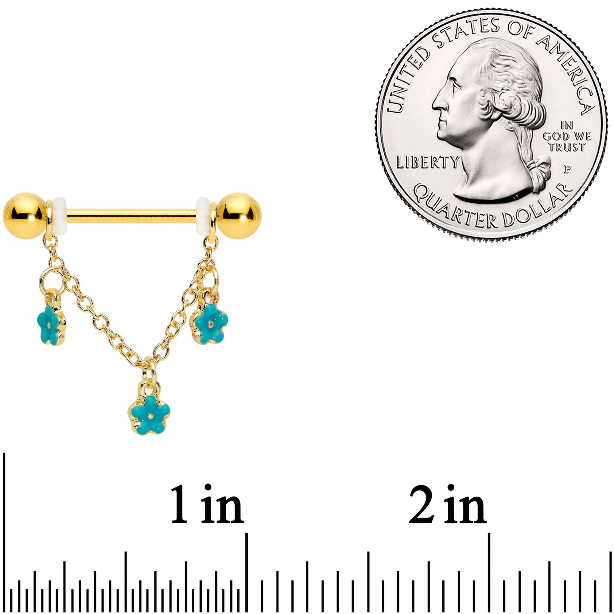 14G 9/16 Gold Tone Blue Flowers Chain Dangle Nipple Ring Set