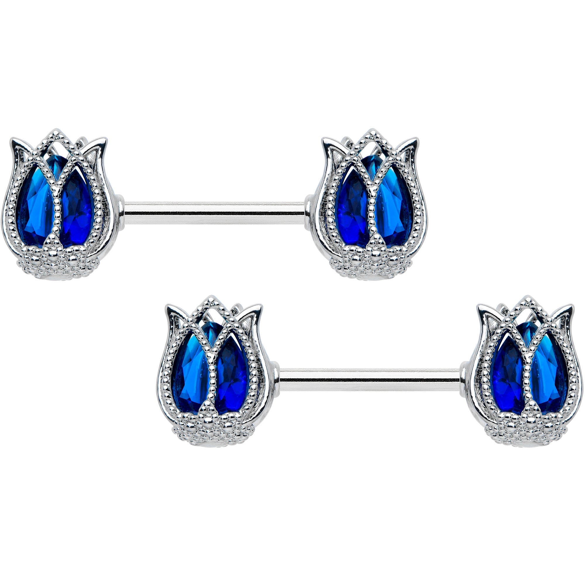 14G 9/16 Blue Gem Tulip Flower Barbell Nipple Ring Set