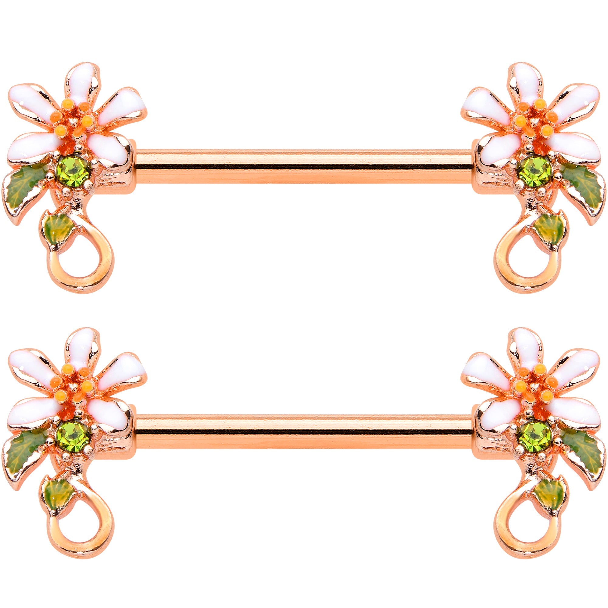 14G 9/16 Green Gem Rose Gold Tone Orange Flower Nipple Ring Set