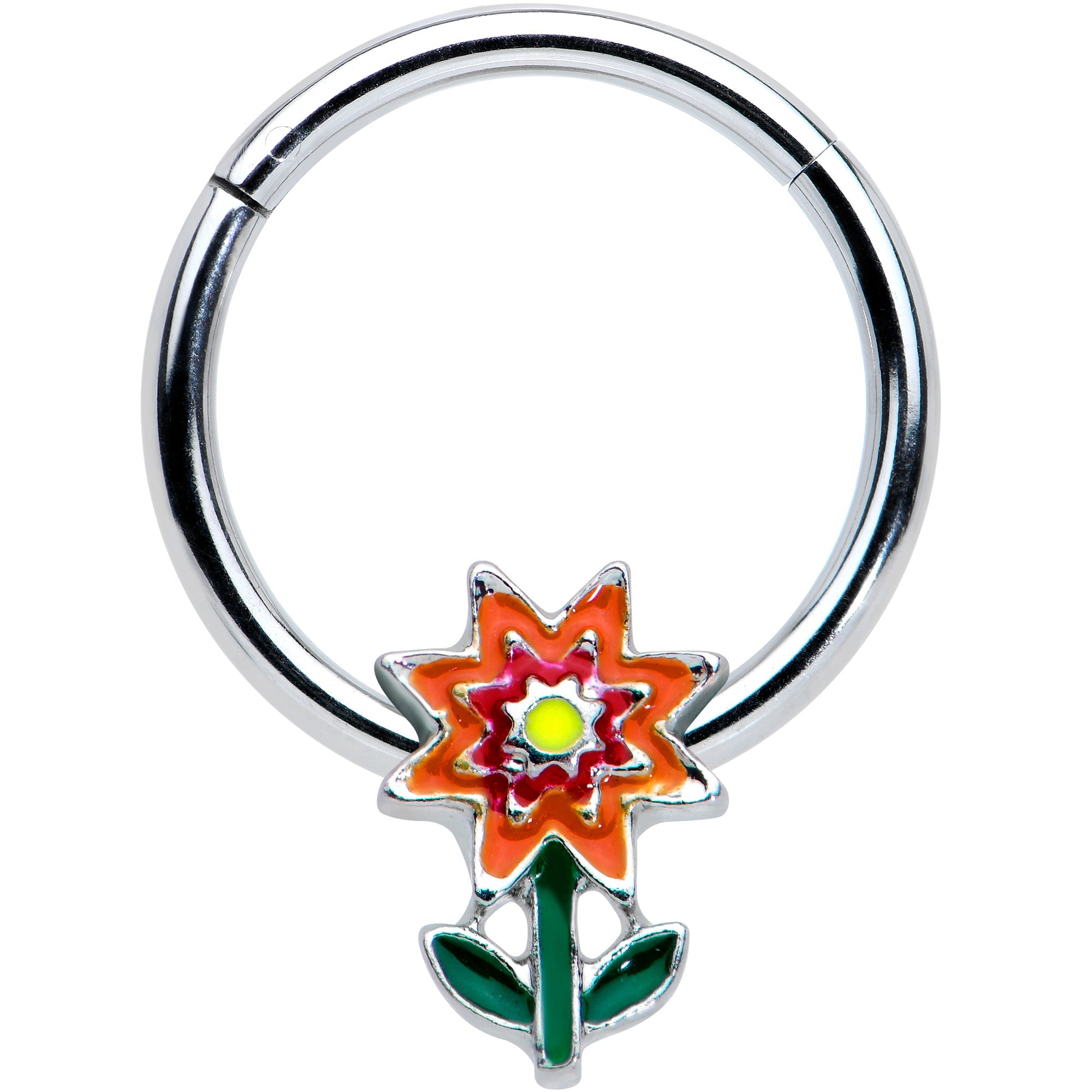 16G 3/8 Red Orange Yellow Fanciful Flower Hinged Segment Ring
