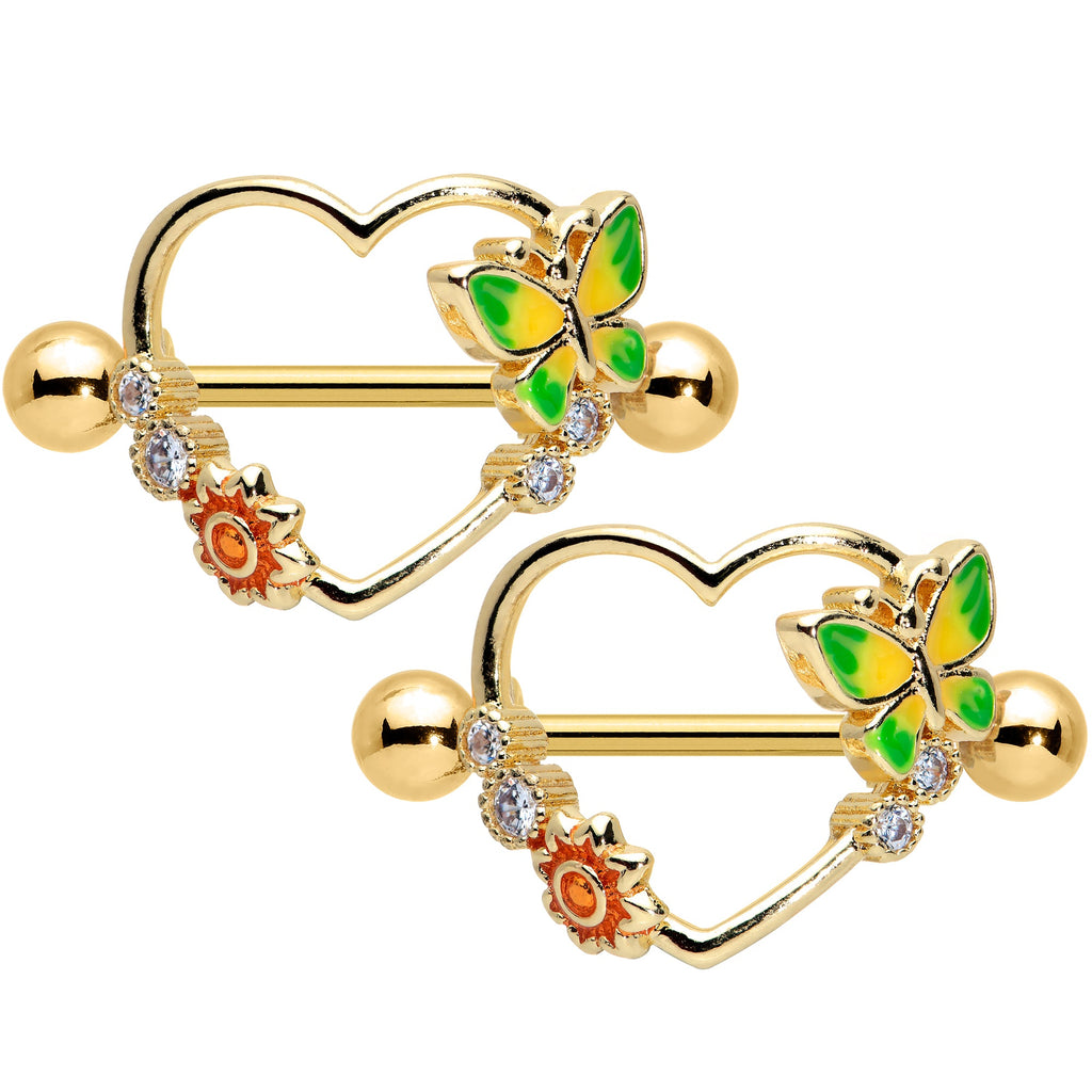 14G 9/16 Clear CZ Gem Gold Tone Butterfly Heart Nipple Shield Set