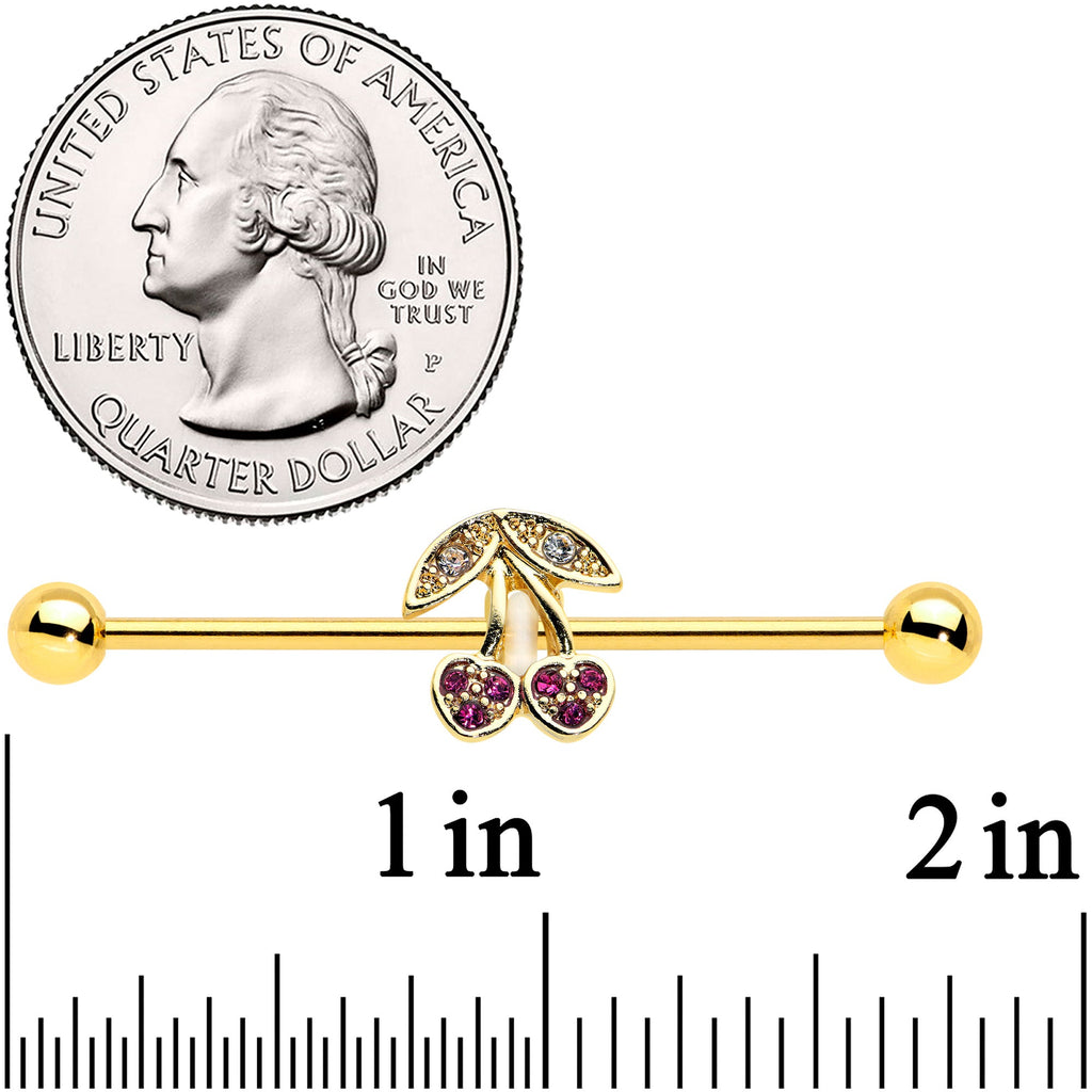 14G Clear Purple Gem Gold Tone Cherry Industrial Barbell 38mm